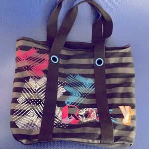 ROXY Logo Black and Gray Striped canvas tote bag